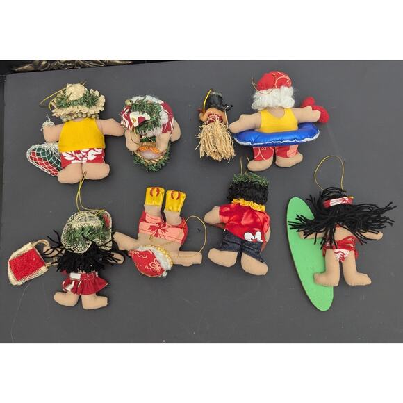 Lot Of 8 Hawaiian Island Hula Tiki Surf Santa Christmas Ornaments Cloth - Picture 9 of 9